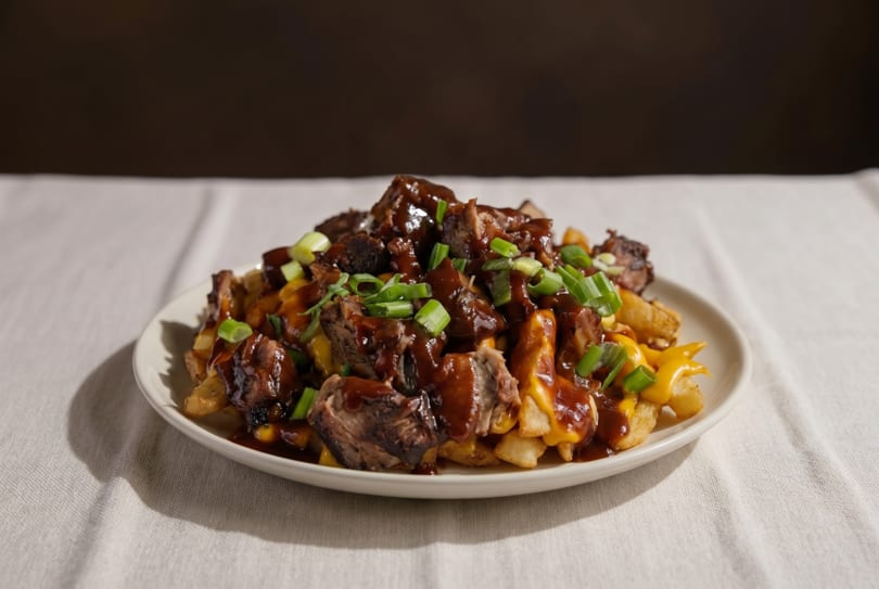 Loaded fries with melted cheese, barbecue brisket, and chopped green onions on a white plate.