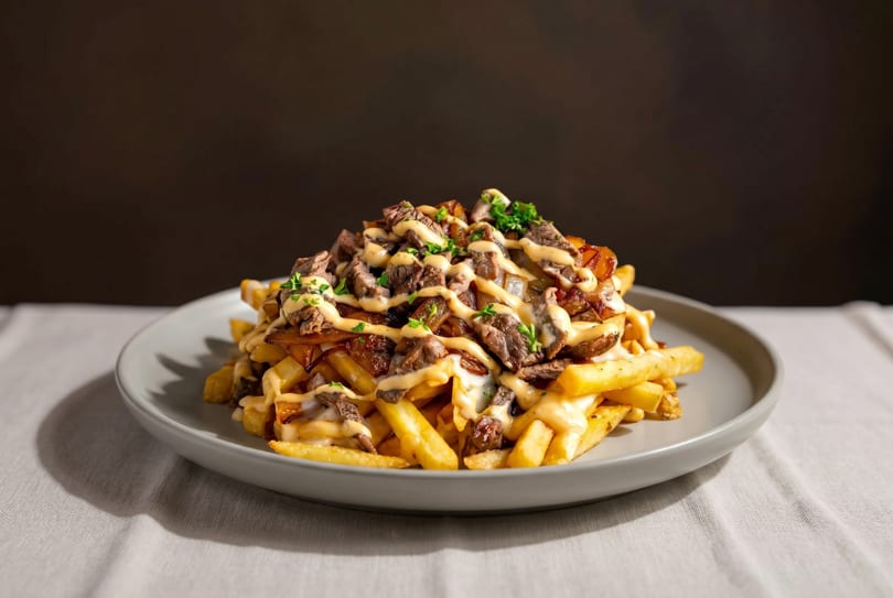 Golden french fries topped with steak, caramelized onions, cheese sauce, and fresh parsley on a gray plate.