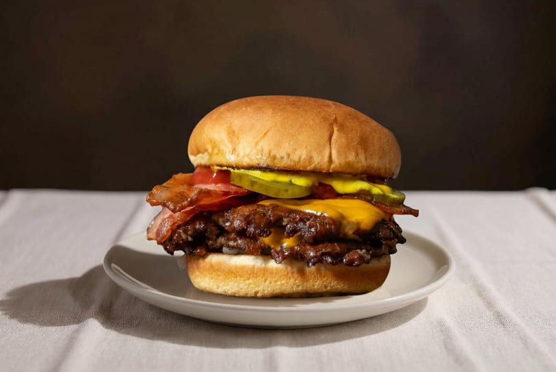 A double bacon cheeseburger with pickles, tomato, and mustard on a white plate.