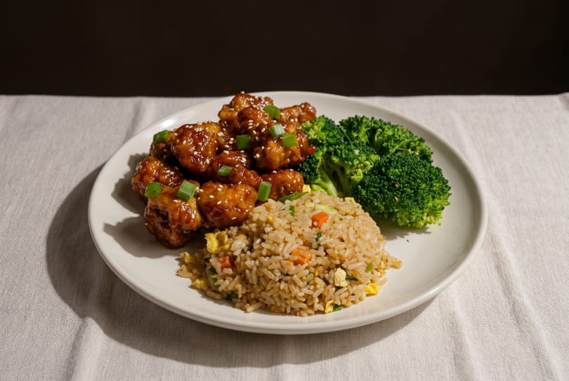 Orange chicken with sesame seeds, green onions, broccoli, and fried rice on a white plate.