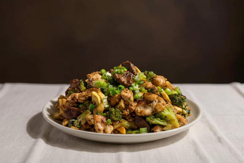 A large serving of chicken and broccoli stir-fry, garnished with green onions, on a white plate.