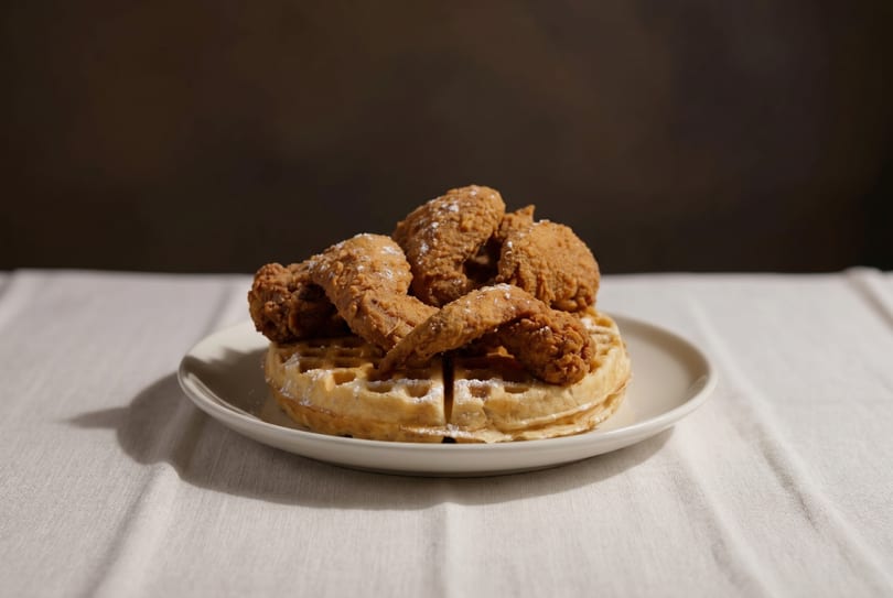 Golden fried chicken pieces dusted with powdered sugar, served atop a waffle on a white plate.